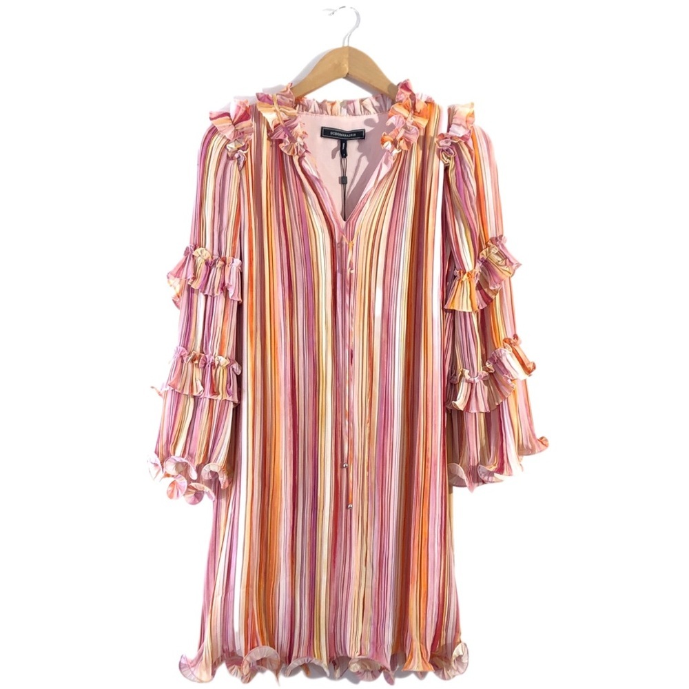 BCBGMAXAZRIA Accordion Pleated Ruffle Long Sleeve BohoShift Dress In Orange